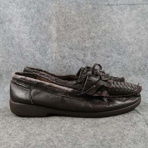 Casual Shoes Womens 10 Slip On Loafer Moccasin Woven Fringe Bow Brown Retro Flat - Picture 1 of 12